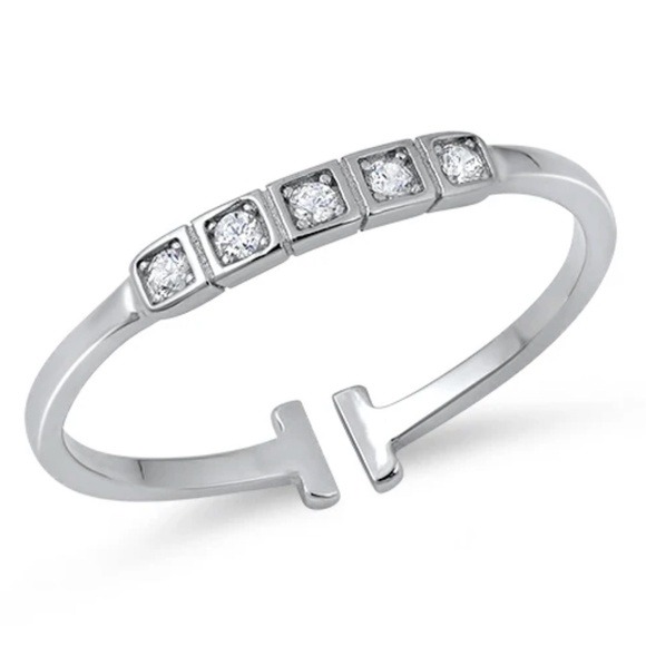 Sterling Silver Adjustable CZ Open Ring – Square Set Accents - Picture 1 of 1